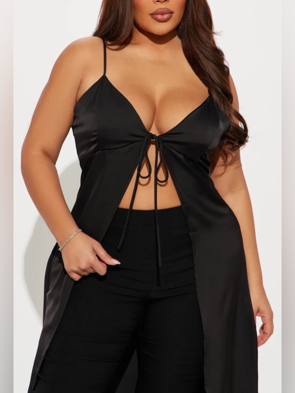 FN Black Satin Sexy Tie-Front Maxi Top